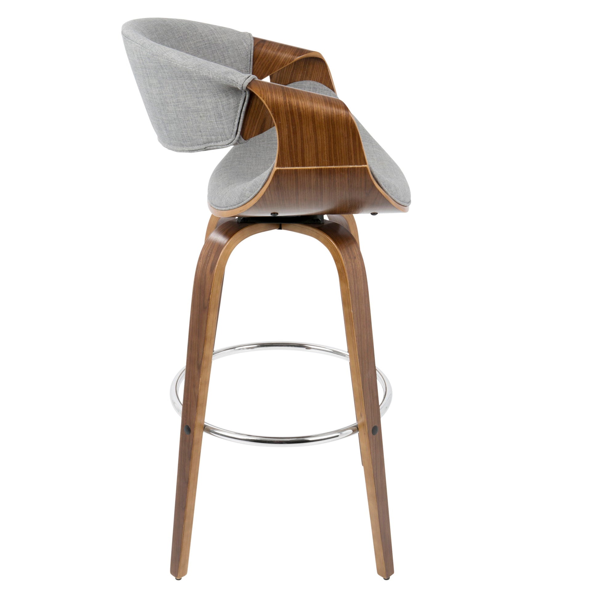 The Curvini Mid-Century Modern Fixed Height Barstool with Swivel (Set of 2) features a curved wooden frame, light gray upholstered seat and backrest, circular chrome footrest, and four angled wooden legs.