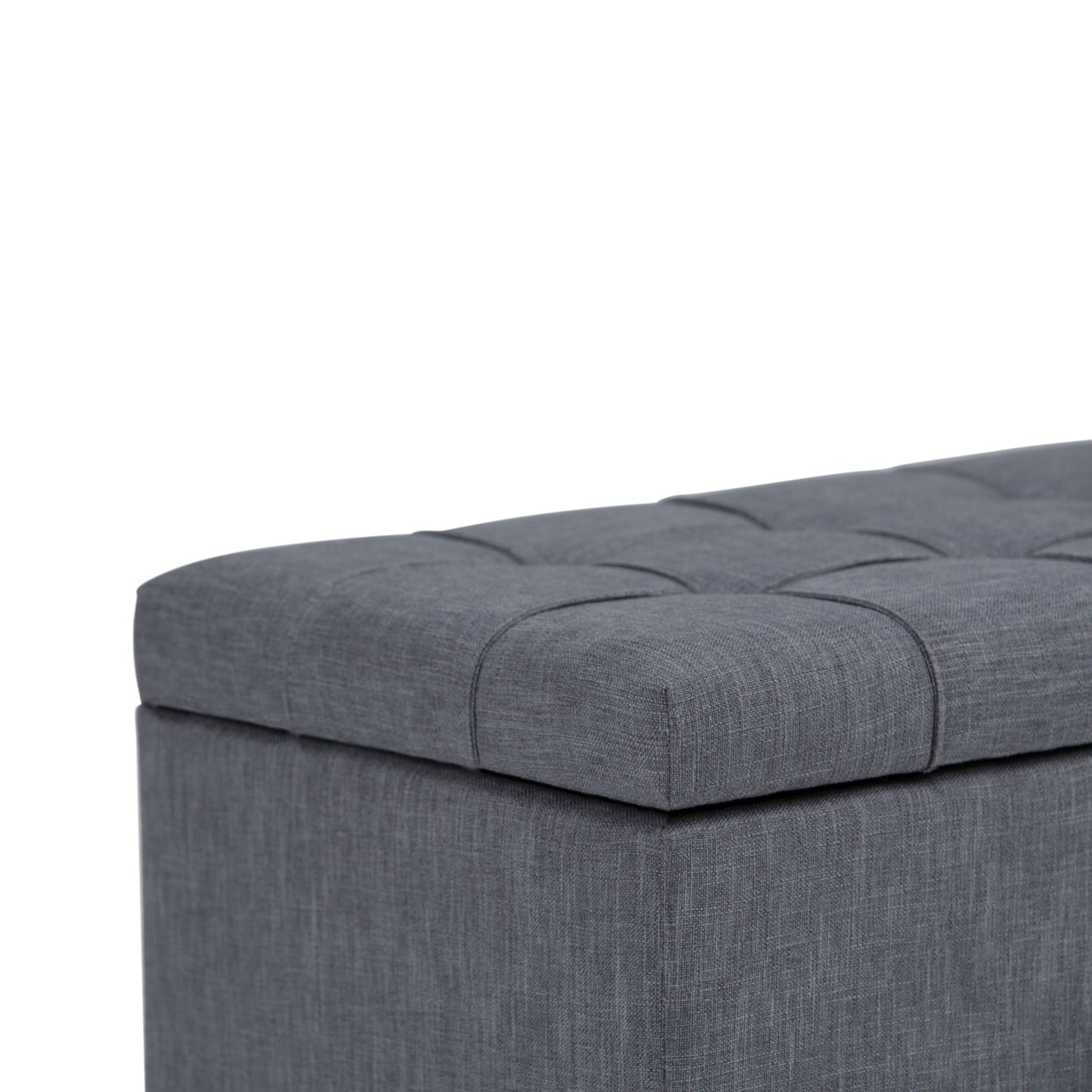 A close-up of the Sienna Upholstered Storage Ottoman Bench in gray, featuring a tufted, cushioned lid, set against a white background.