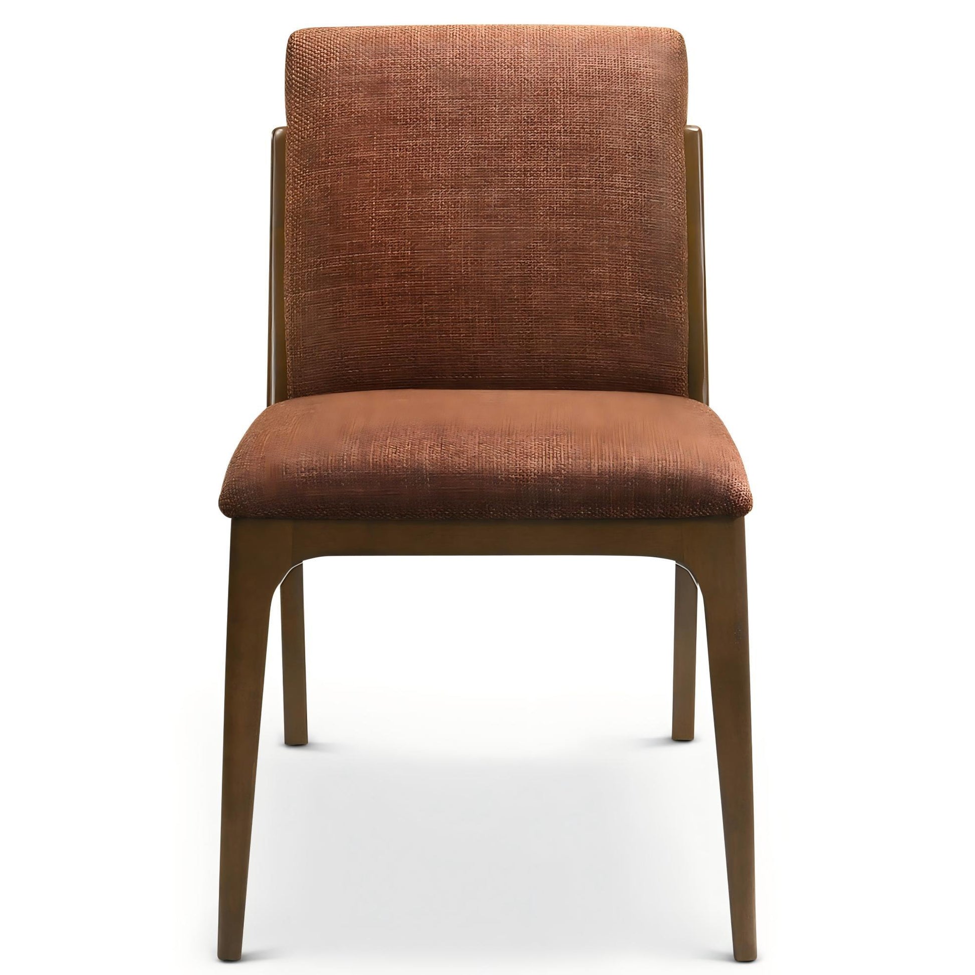 The Grivelle Elegant Dining Chair (Set of 2) features brown upholstery, wooden legs, and a textured fabric seat and backrest, displayed facing forward against a white background.