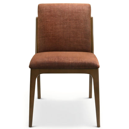 The Grivelle Elegant Dining Chair (Set of 2) features brown upholstery, wooden legs, and a textured fabric seat and backrest, displayed facing forward against a white background.