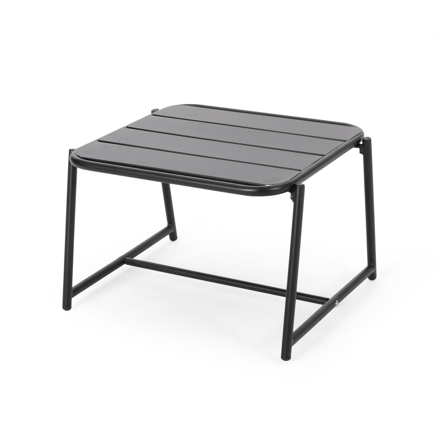 The Conrad - Side Table Outdoor is a black, square table with a slatted top and four tubular legs linked by crossbars.