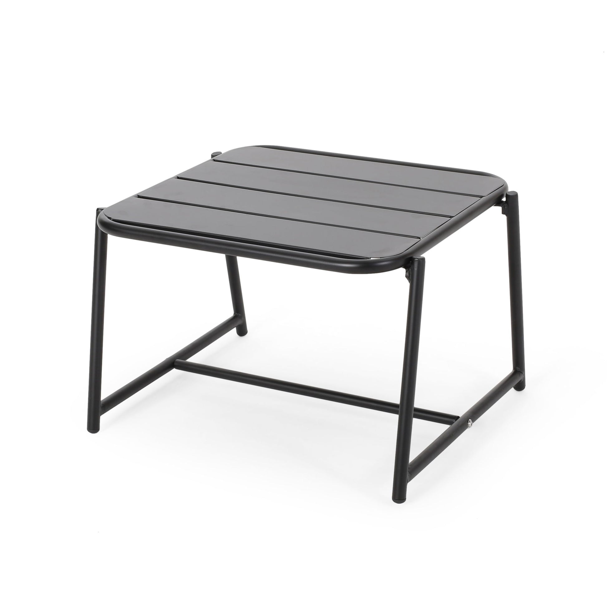 The Conrad - Side Table Outdoor is a black, square table with a slatted top and four tubular legs linked by crossbars.