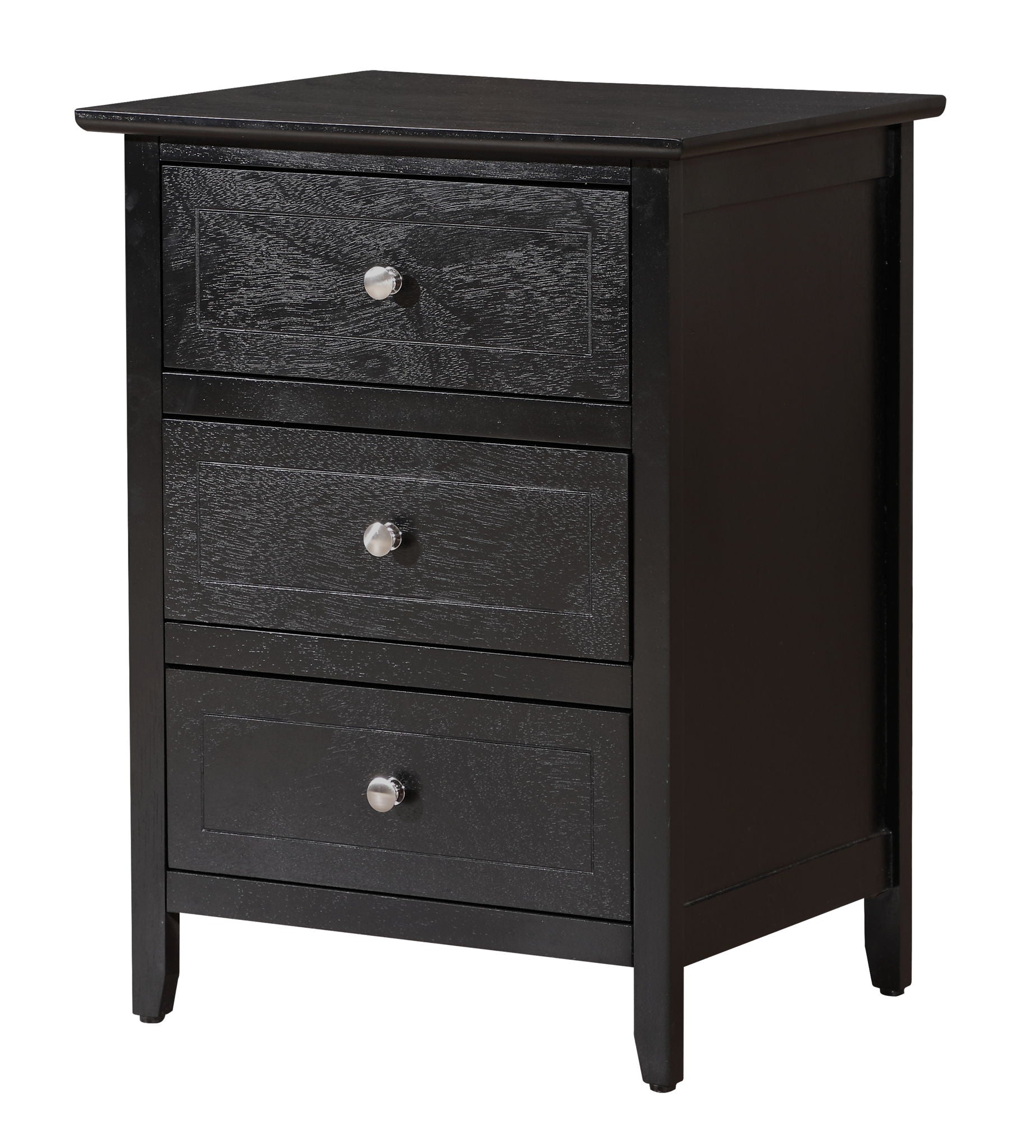 The Daniel 3 Drawer Nightstand is a black wooden piece with a modern design, clean lines, slightly tapered legs, and three drawers, each adorned with a round silver knob.