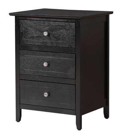 The Daniel 3 Drawer Nightstand is a black wooden piece with a modern design, clean lines, slightly tapered legs, and three drawers, each adorned with a round silver knob.
