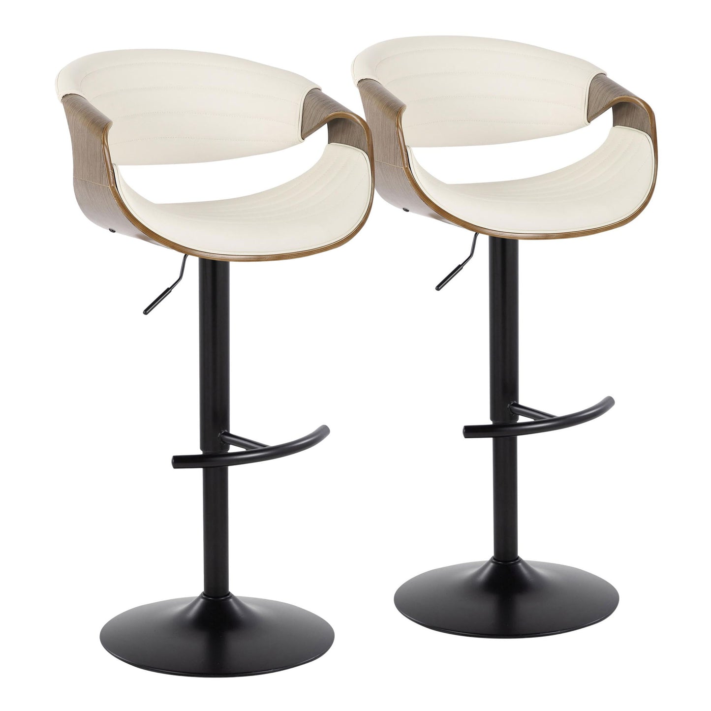 Set of 2 Symphony Mid Century Modern adjustable barstools with cream curved seats, wood accents, black metal pedestals and bases, swivel feature, and rounded T footrests.
