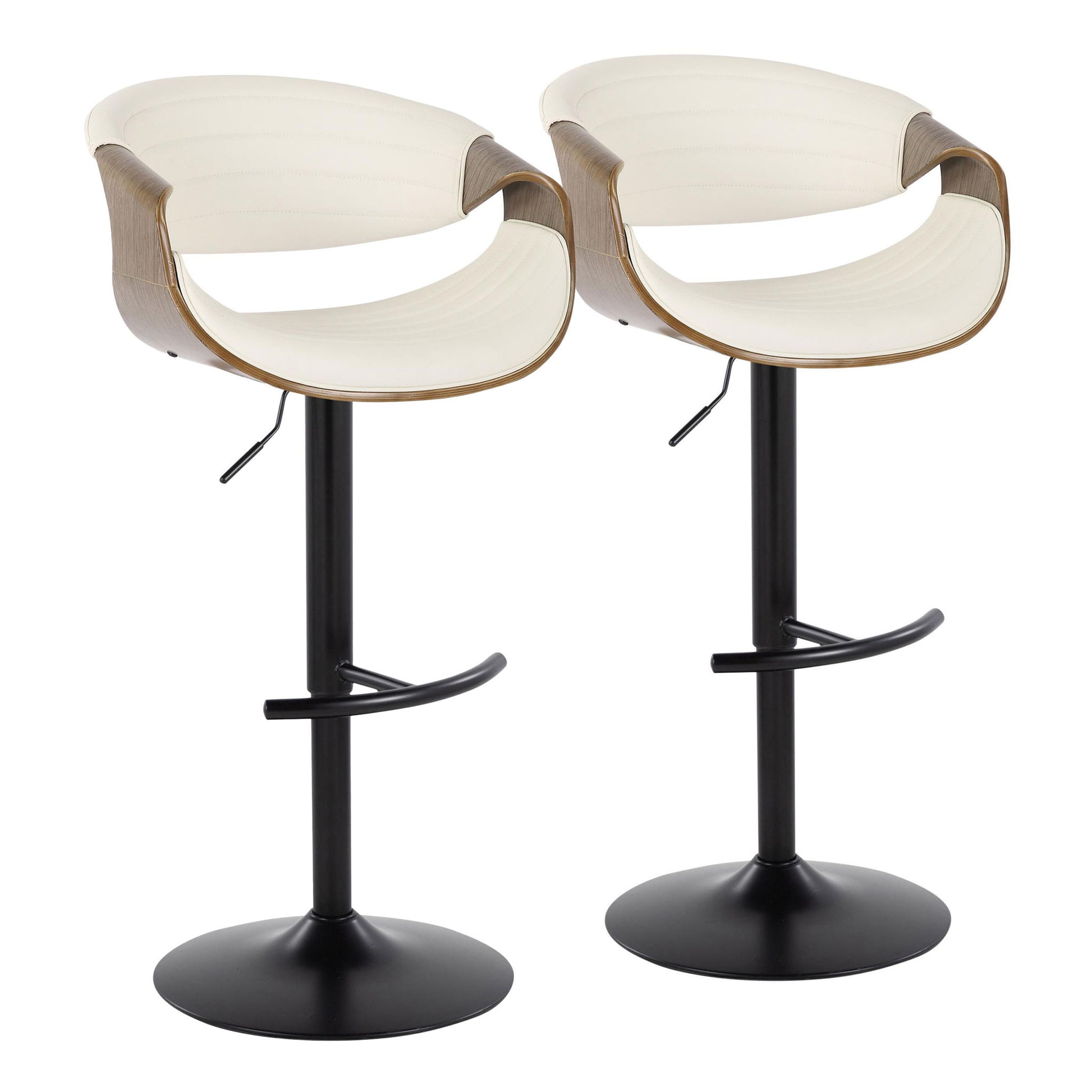 Set of 2 Symphony Mid Century Modern adjustable barstools with cream curved seats, wood accents, black metal pedestals and bases, swivel feature, and rounded T footrests.