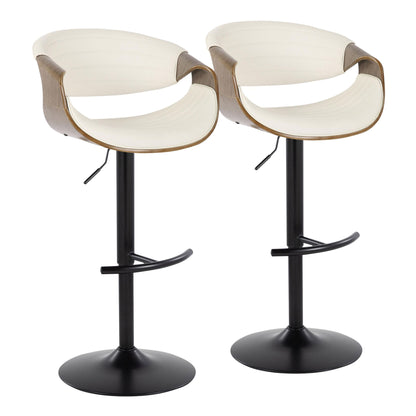 Set of 2 Symphony Mid Century Modern adjustable barstools with cream curved seats, wood accents, black metal pedestals and bases, swivel feature, and rounded T footrests.