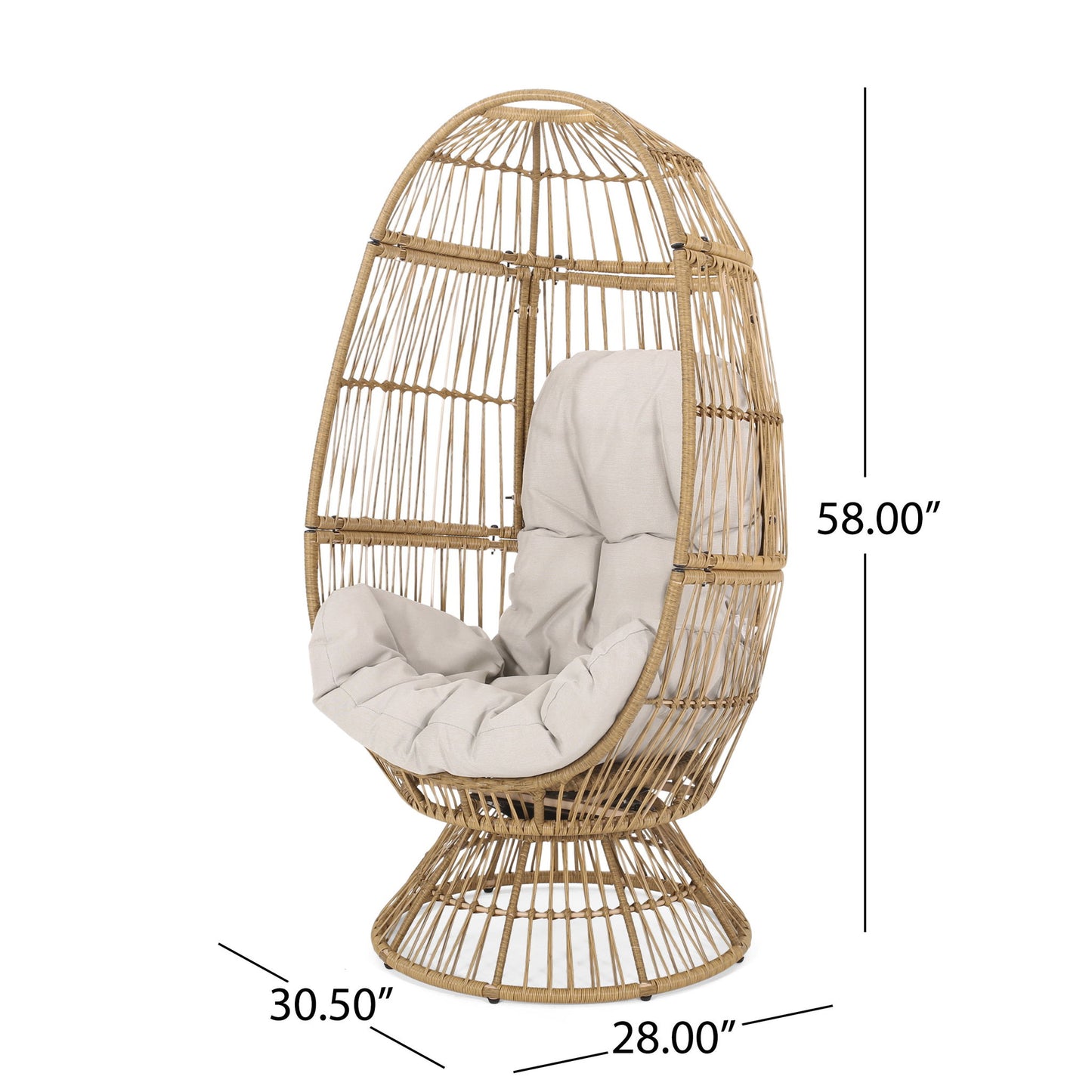 The Patio Swivel Basket Egg Chair With Cushion features an open weave rattan design, beige cushion, and egg shape. Dimensions: 58” tall, 30.5” deep, 28” wide.