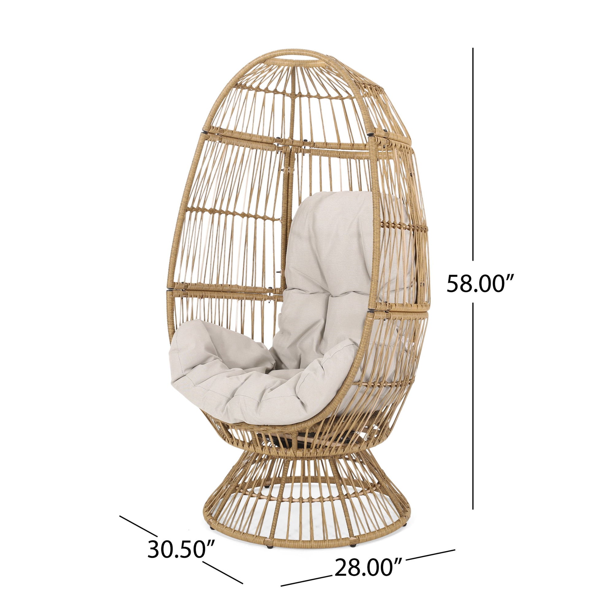 The Patio Swivel Basket Egg Chair With Cushion features an open weave rattan design, beige cushion, and egg shape. Dimensions: 58” tall, 30.5” deep, 28” wide.