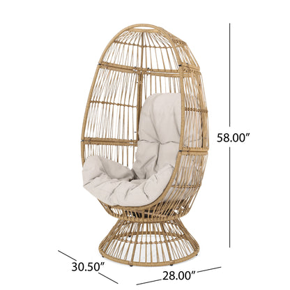 The Patio Swivel Basket Egg Chair With Cushion features an open weave rattan design, beige cushion, and egg shape. Dimensions: 58” tall, 30.5” deep, 28” wide.