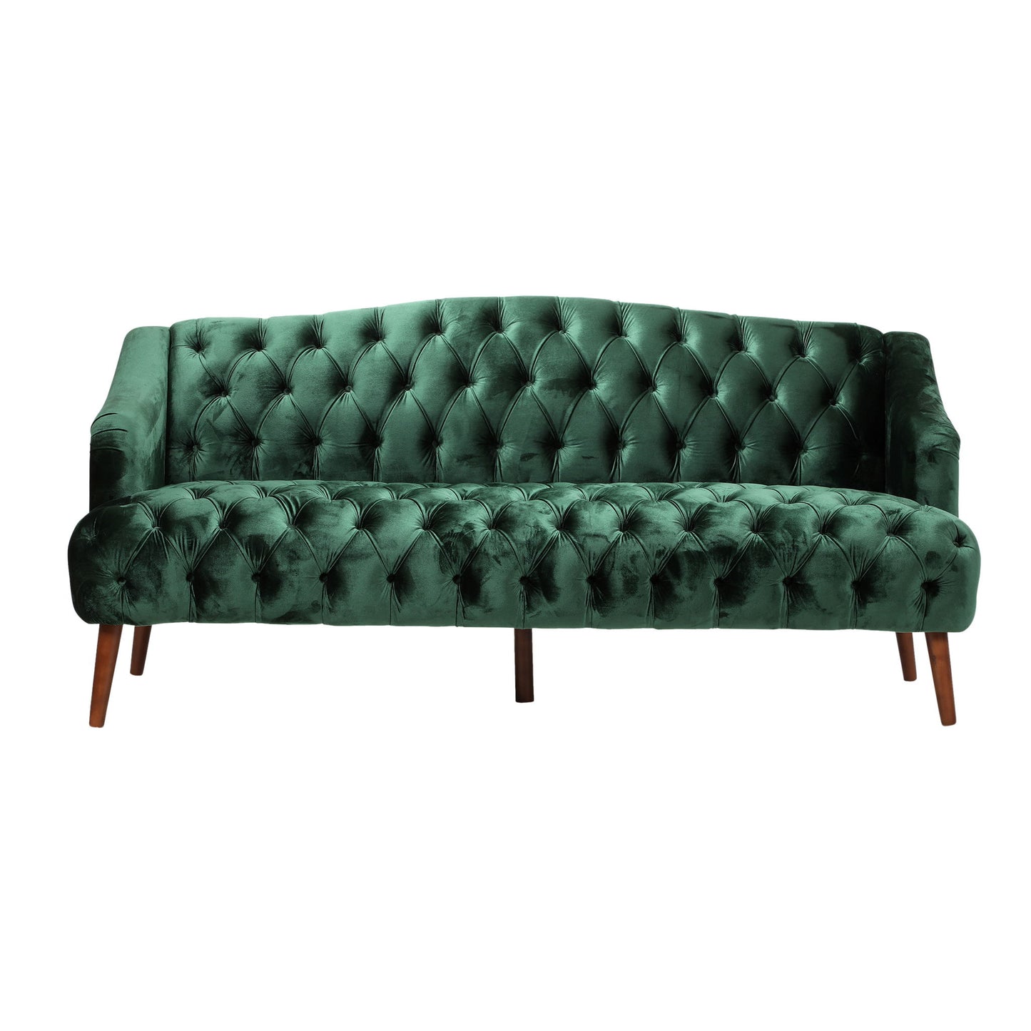 The Comfy 3 Seat Sofa With Wooden Legs, for living room and study, features green velvet upholstery, a curved backrest, button detailing on the back and seat, and is shown against a white background.