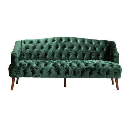 The Comfy 3 Seat Sofa With Wooden Legs, for living room and study, features green velvet upholstery, a curved backrest, button detailing on the back and seat, and is shown against a white background.