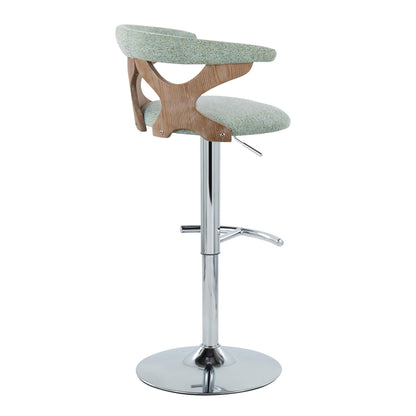 The Gardenia Contemporary Adjustable Barstool (Set of 2) features a chrome base, metal adjustable stem, curved wooden backrest, light green cushioned seat, and a rounded T footrest. Swivel design completes its modern look.