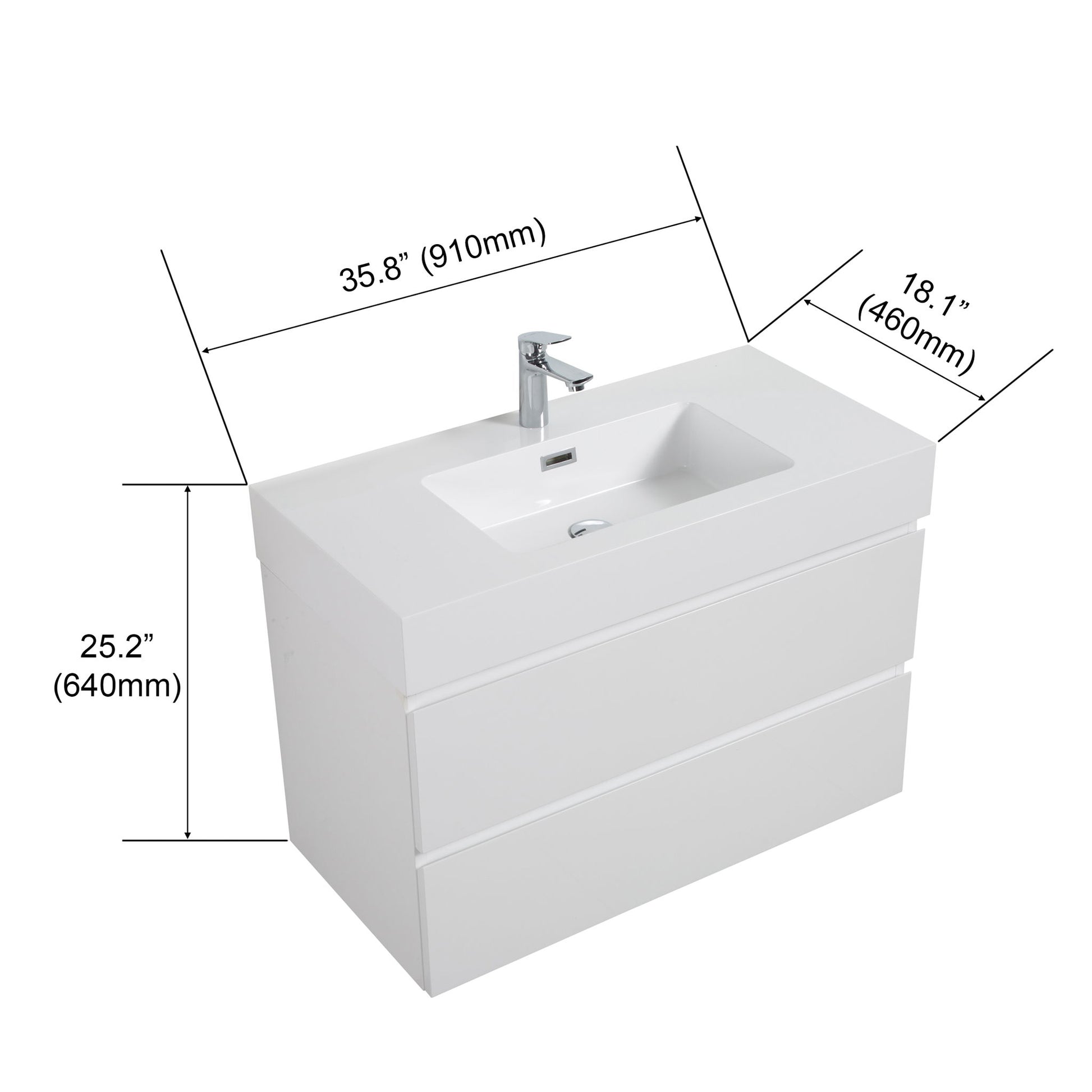 The Alice wall-mounted bathroom vanity features a modern white design, one-piece integrated sink (no drain or faucet included), and large storage. Dimensions: 35.8" (910mm) W x 18.1" (460mm) D x 25.2" (640mm) H.