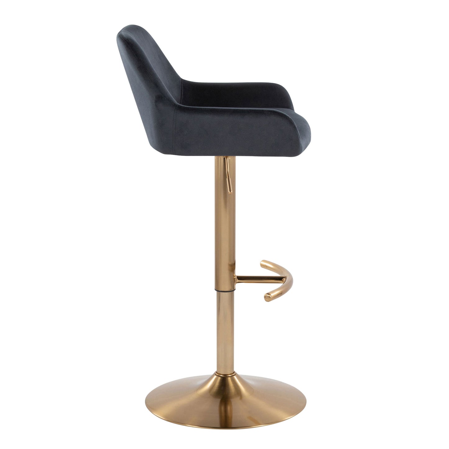 The Daniella Contemporary Adjustable Barstool (Set of 2) features a black upholstered seat, curved backrest, gold metal base with swivel and circular footrest, shown here in a side profile view.