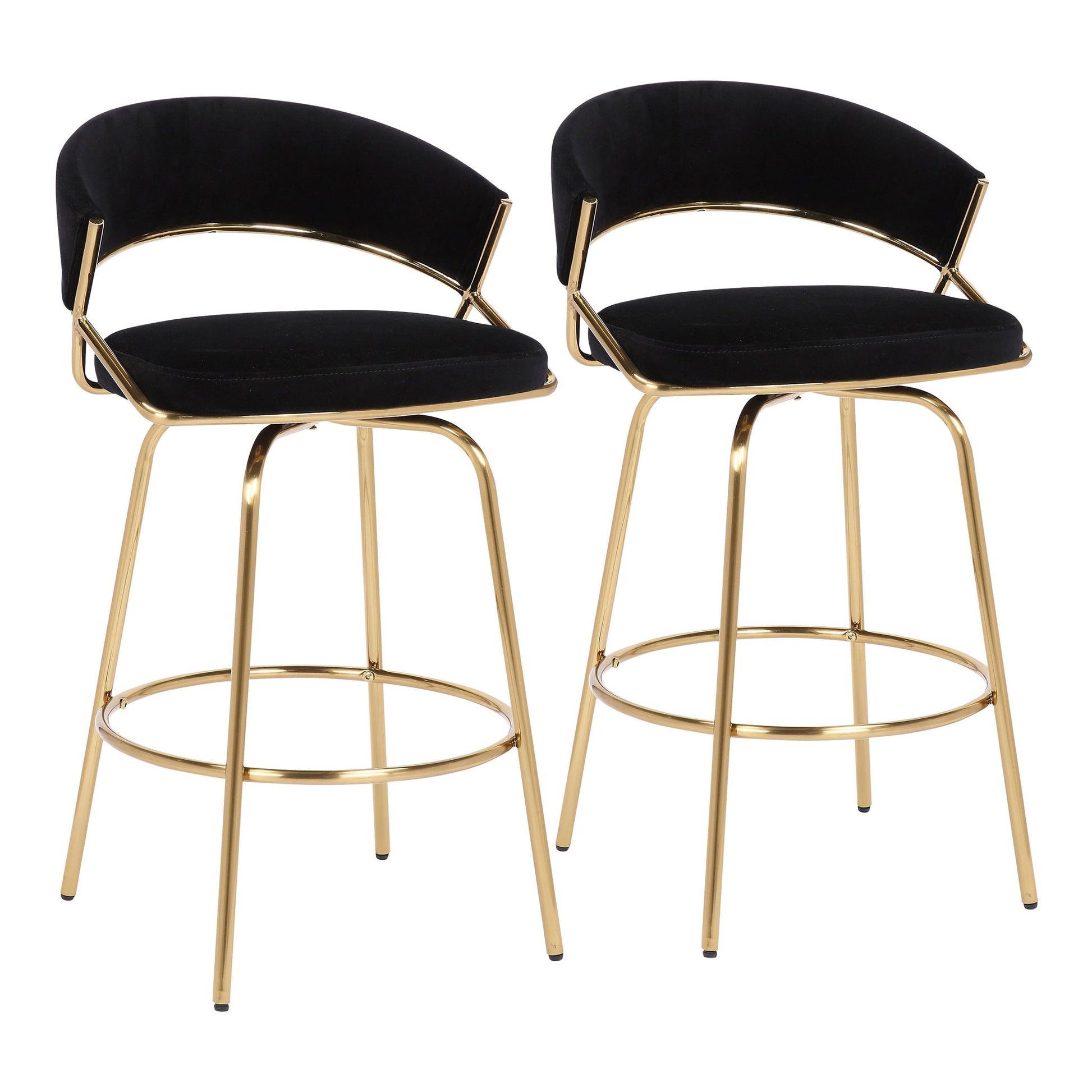 The Jie - Glam Fixed Height Counter Stool (Set of 2) features black cushioned seats and backs with gold metal frames, legs, and footrests, blending elegance and contemporary style.