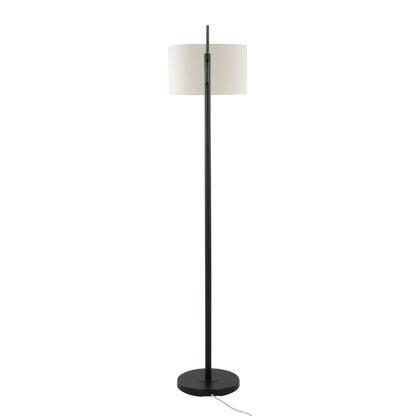 The Casper - Contemporary Floor Lamp features a slim black stand, round black base, white cylindrical lampshade, and a white cord extending from the base for a stylish modern look.
