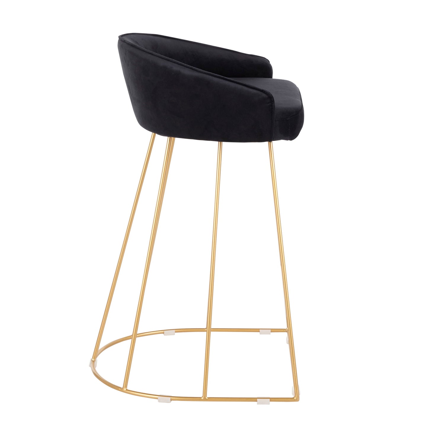 The Canary - Contemporary Counter Stool (Set of 2) features a rounded black cushioned seat and backrest, thin gold metal legs with a semi-circular base, and an open frame design for a modern look.