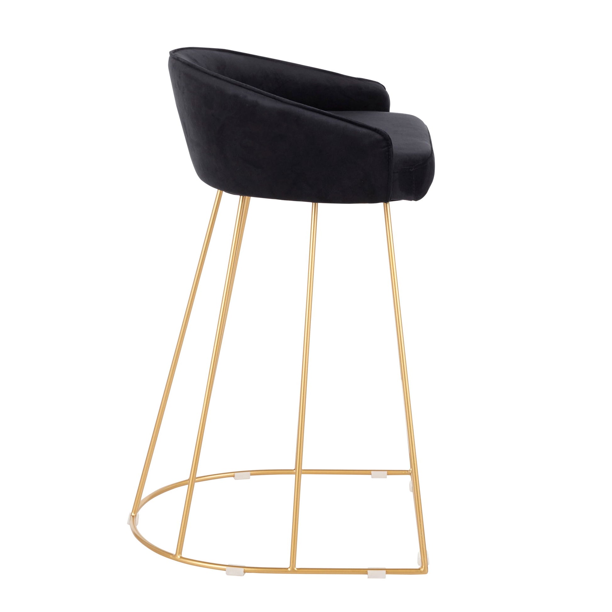 The Canary - Contemporary Counter Stool (Set of 2) features a rounded black cushioned seat and backrest, thin gold metal legs with a semi-circular base, and an open frame design for a modern look.