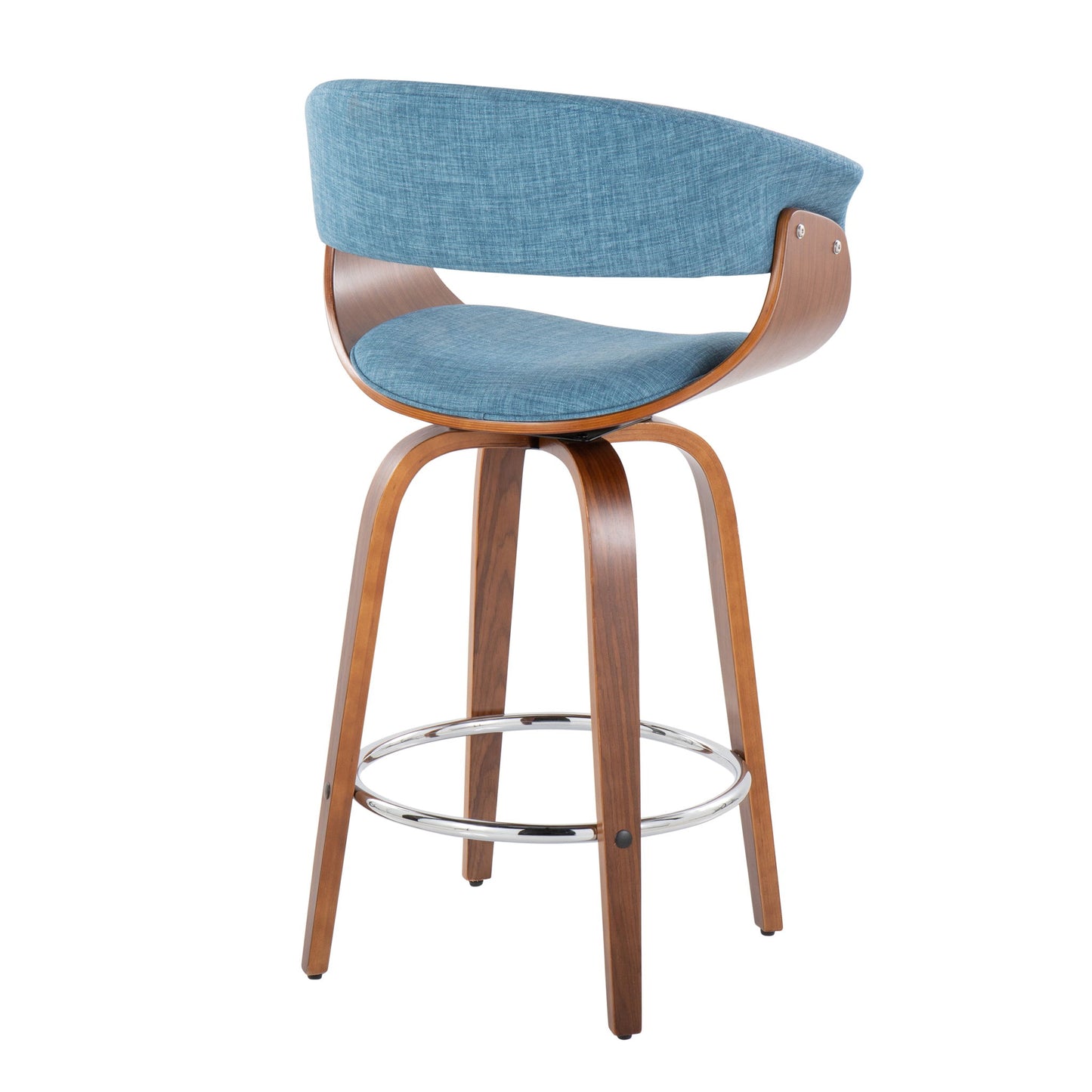 The Vintage Mod Mid Century Modern Counter Stool set features a curved wooden frame, blue upholstered seat and backrest, swivel design, and a round metal footrest.
