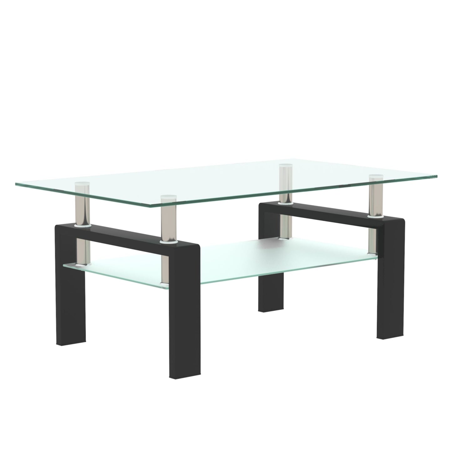 The Modern Rectangular Coffee Table With Tempered Glass Top features black legs, silver supports, and a lower glass shelf for extra storage or display.