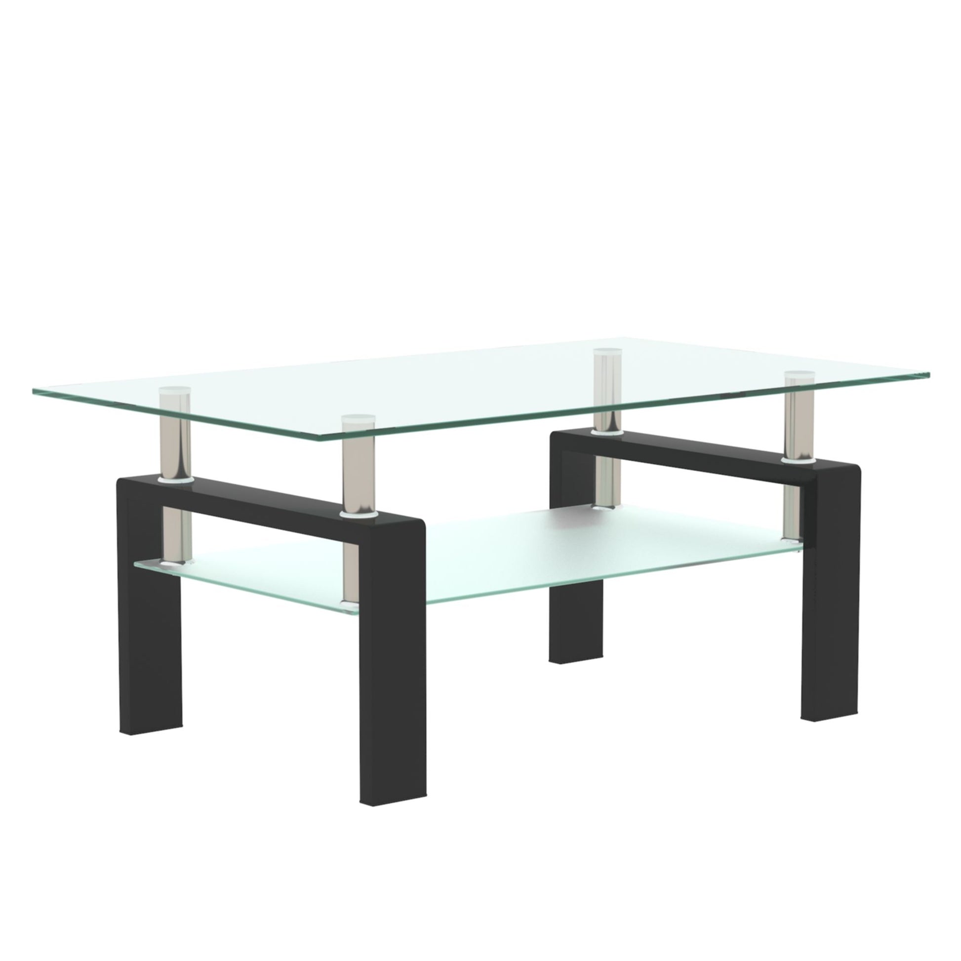 The Modern Rectangular Coffee Table With Tempered Glass Top features black legs, silver supports, and a lower glass shelf for extra storage or display.
