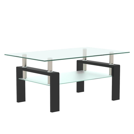 The Modern Rectangular Coffee Table With Tempered Glass Top features black legs, silver supports, and a lower glass shelf for extra storage or display.