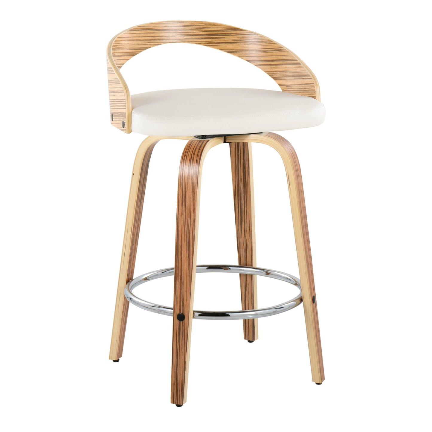 The Grotto set includes two modern counter stools featuring a curved backrest, white cushioned seat, and four legs connected by a round metal footrest, blending natural wood tones with sleek mid-century design.