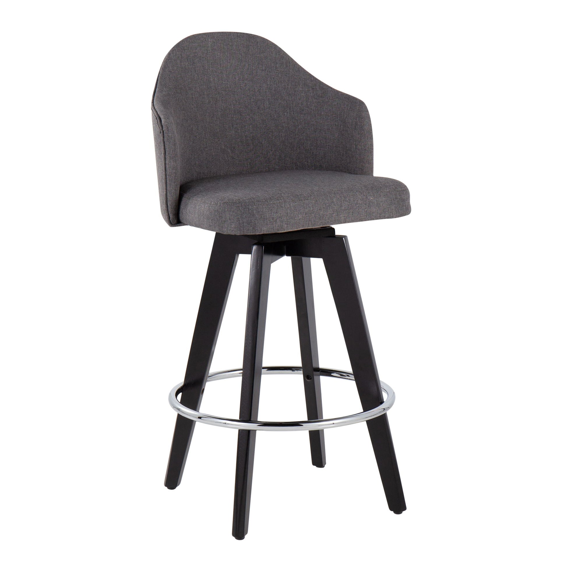 The Ahoy Contemporary Fixed Height Counter Stool (Set of 2) features a curved upholstered gray backrest and seat, black wooden legs, and a round chrome footrest for modern style.