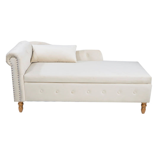 The Chaise Lounge Indoor is a modern velvet lounge chair with rolled arm, tufted seat, matching pillow, storage, nailhead trim, and short wood legs—perfect for your living room, bedroom, or office.