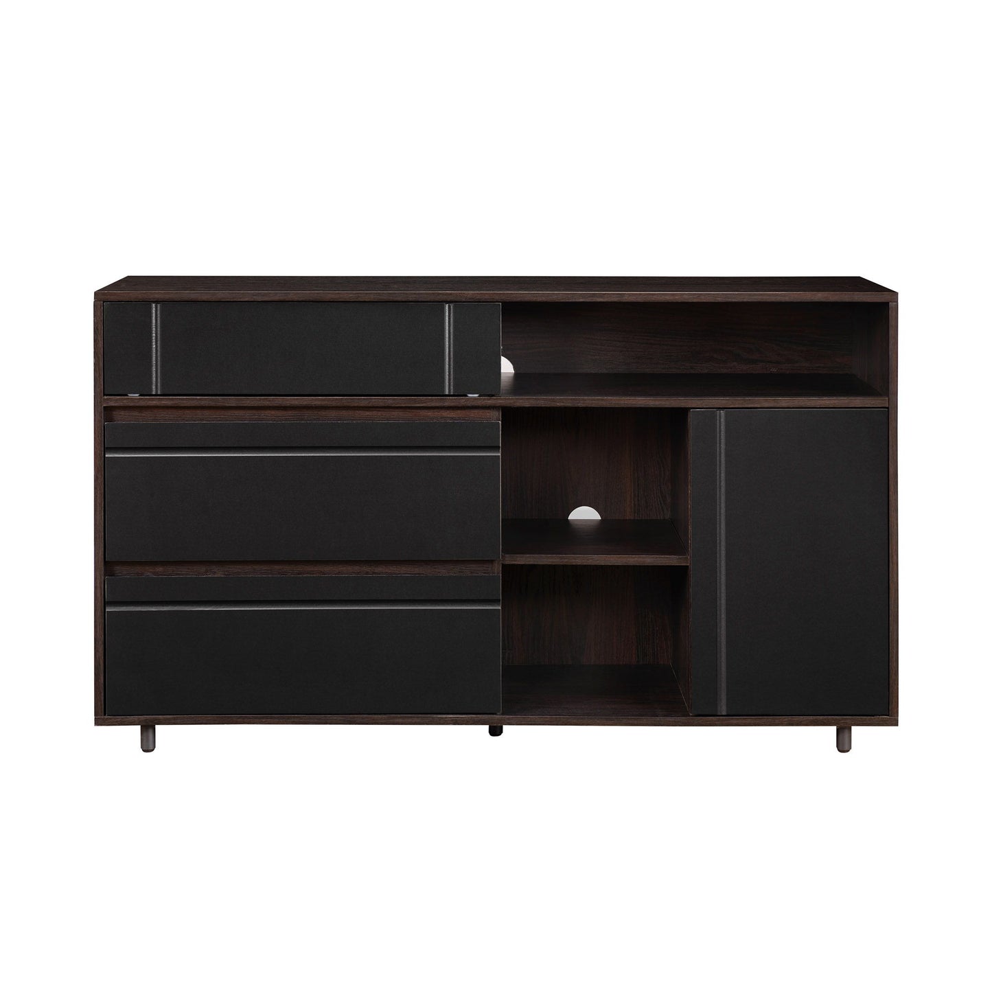 The Contemporary Detailed Door Sideboard With Open Storage features a modern dark wood finish, black drawer fronts, three left drawers, a two-shelf right cabinet, and an open shelf above.