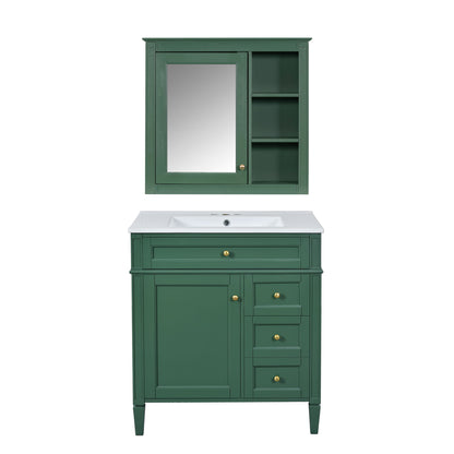 Bathroom Vanity With Top Sink, 2 Doors And 3 Drawers, Freestanding Set With Mirror Cabinet