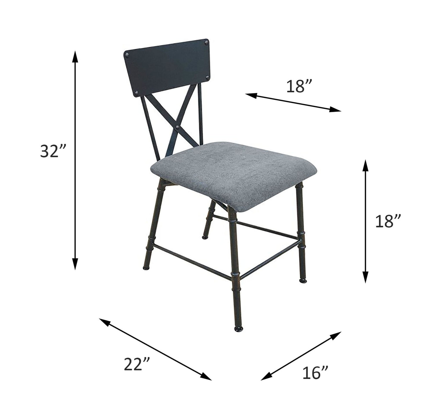 The Brantley Office Chair in Antique Oak/Sandy Gray features a gray cushioned seat, black X-shaped backrest, stands 32" tall with an 18" seat height, and measures 22"D x 16"W with an 18" wide backrest.