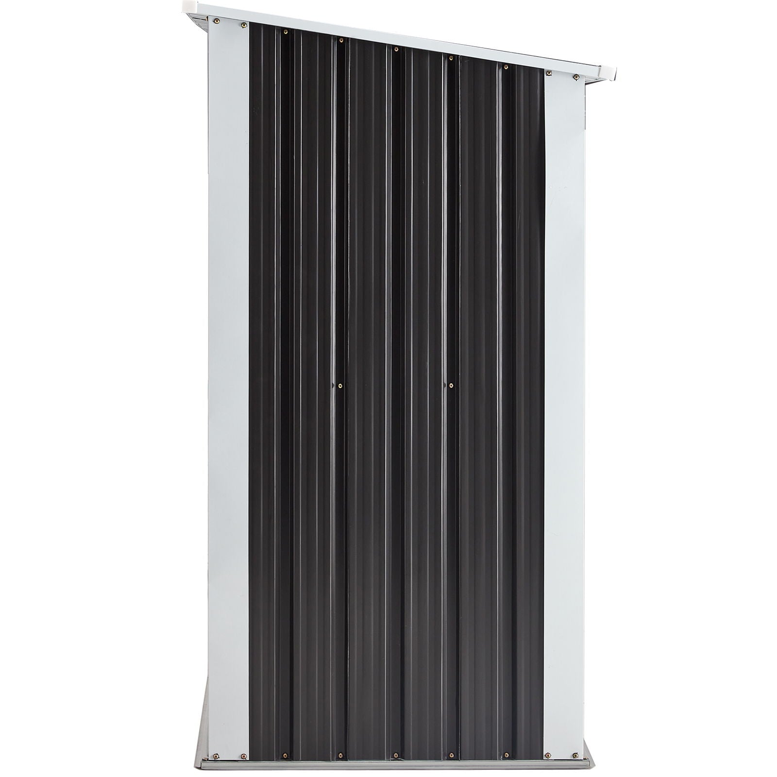 The Log Storage Shed, a firewood rack for backyard, garden, patio, or porch in anthracite galvanized steel with a black sloped roof and white side panels, is shown front-facing with a black corrugated door against a white background.