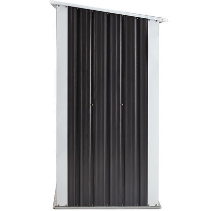 The Log Storage Shed, a firewood rack for backyard, garden, patio, or porch in anthracite galvanized steel with a black sloped roof and white side panels, is shown front-facing with a black corrugated door against a white background.