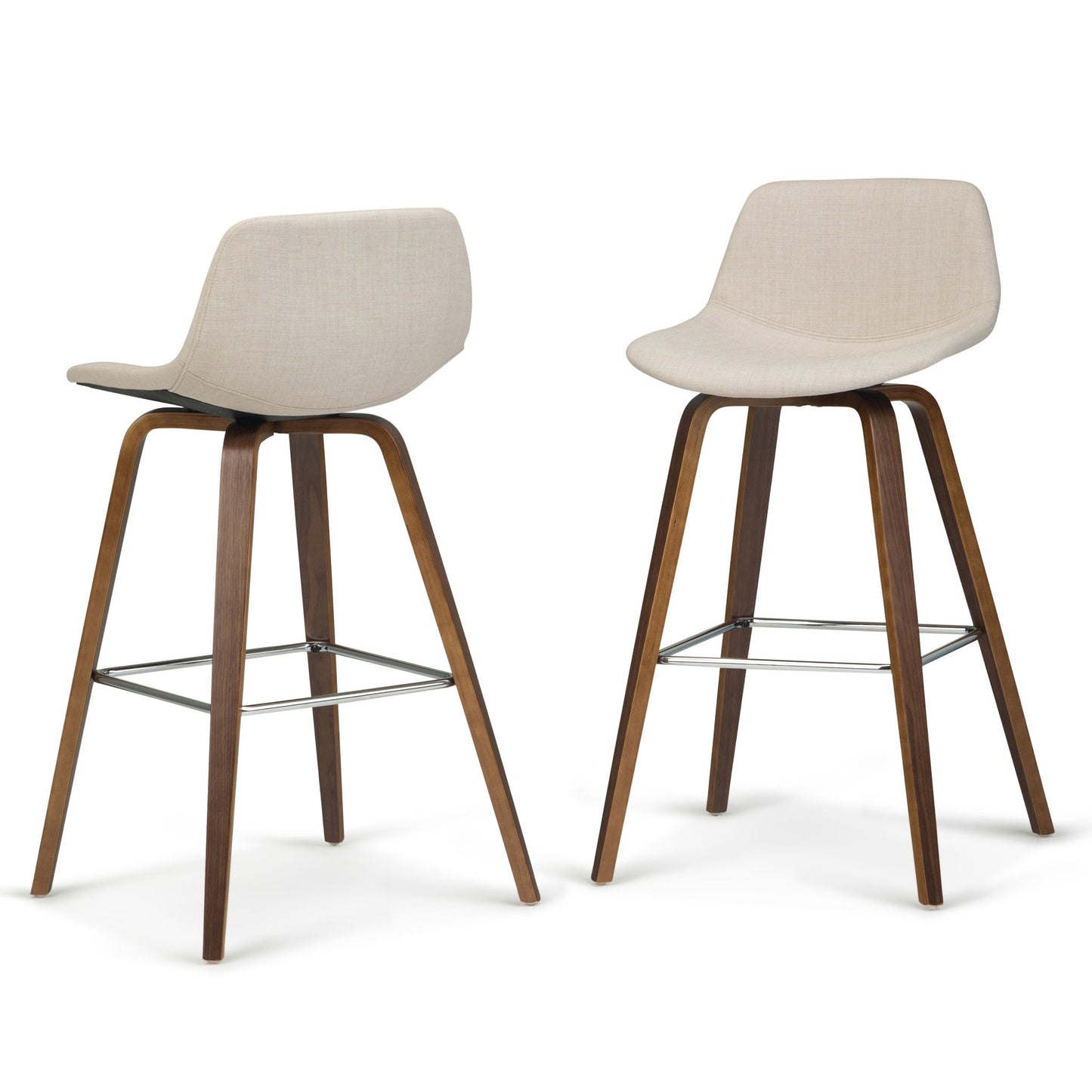 The Randolph Bentwood Counter / Bar Height Stool (Set of 2) features modern bar stools with light beige upholstered seats, curved backrests, angled wooden legs, and a metal footrest for added support.