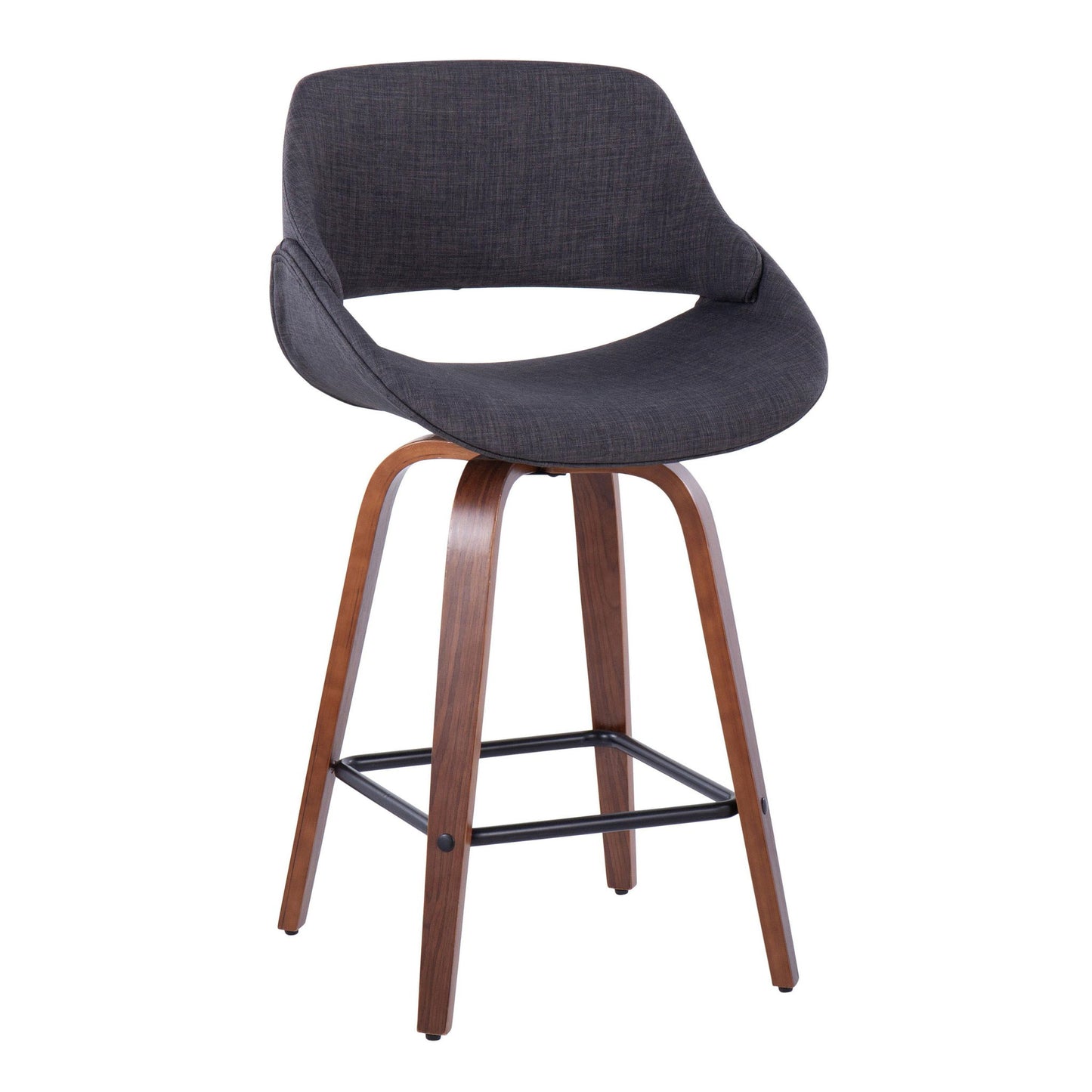 The Fabrico Mid-Century Modern Counter Stool set features two stools with curved dark gray upholstered seats, walnut-finished wooden legs, and black metal footrests.