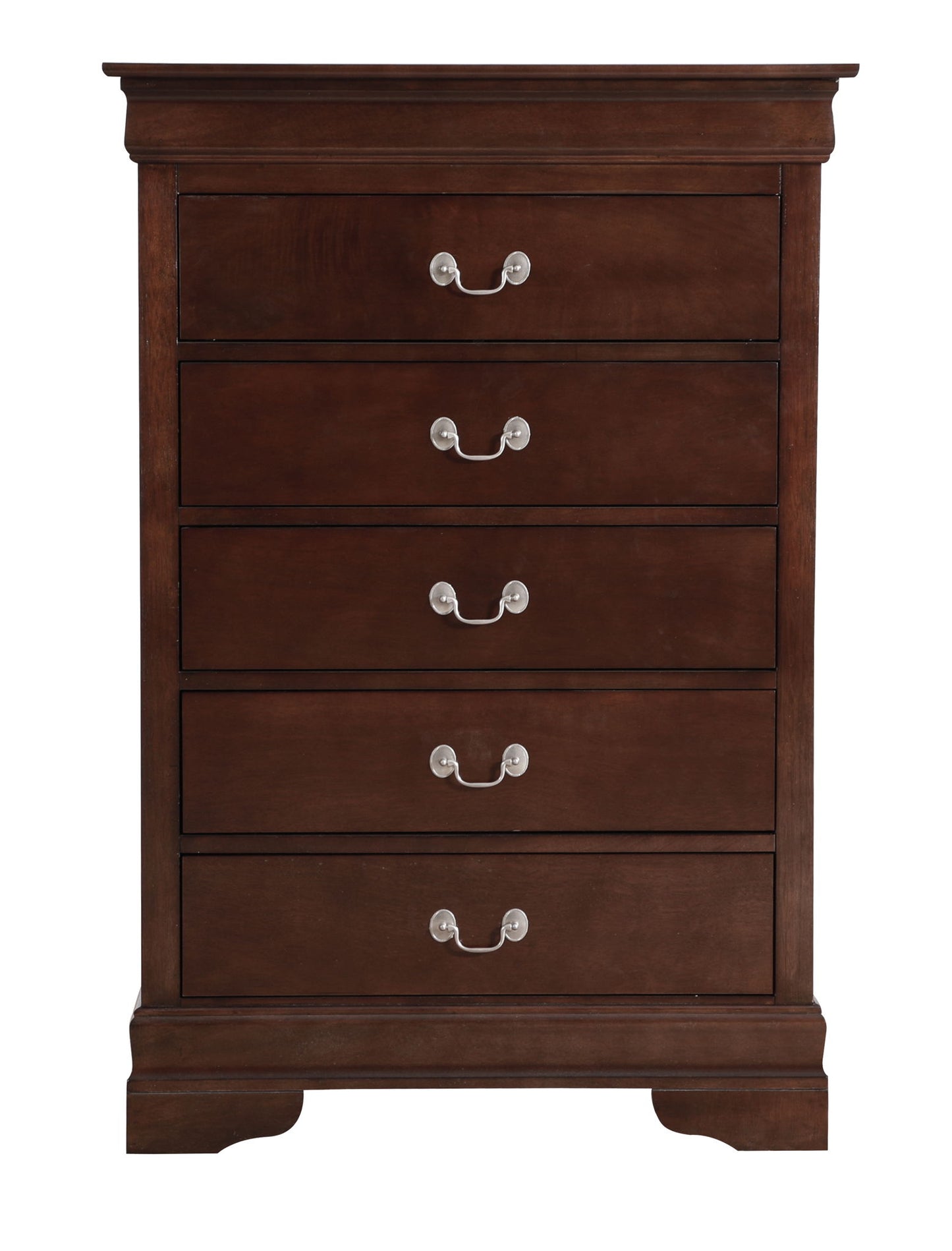 The Traditional Style Storage Chest Elegant is a dark wood chest featuring five drawers with two metallic handles each, a classic flat top, and a slightly curved base for an elegant touch.