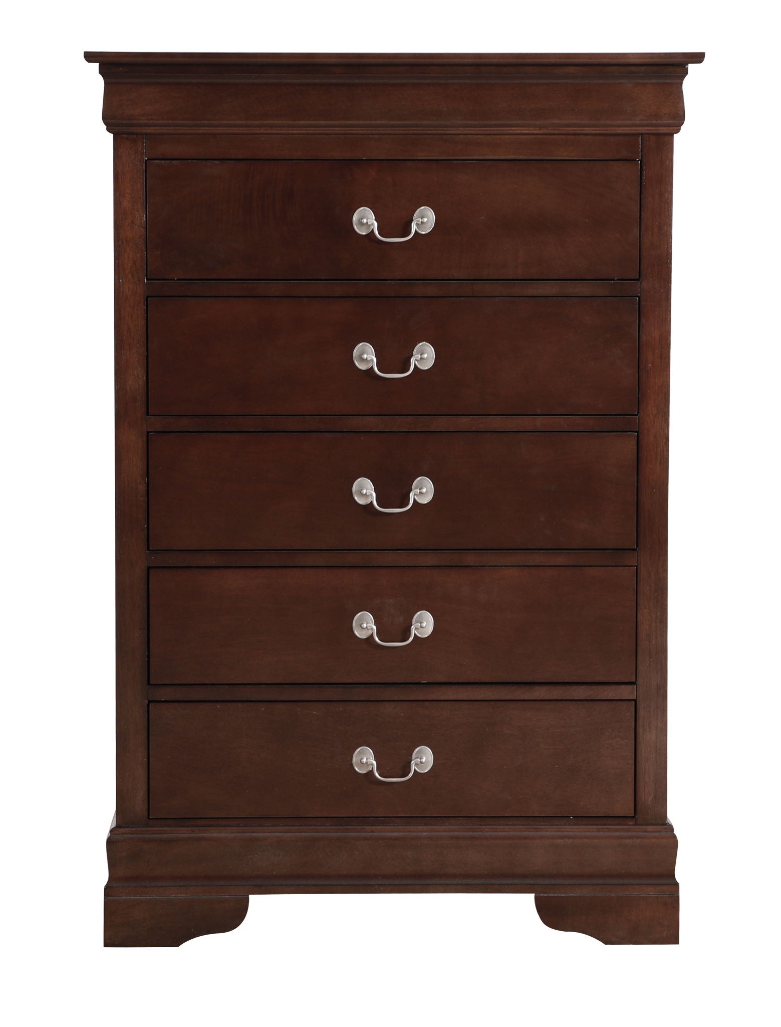 The Traditional Style Storage Chest Elegant is a dark wood chest featuring five drawers with two metallic handles each, a classic flat top, and a slightly curved base for an elegant touch.