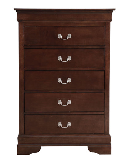 The Traditional Style Storage Chest Elegant is a dark wood chest featuring five drawers with two metallic handles each, a classic flat top, and a slightly curved base for an elegant touch.