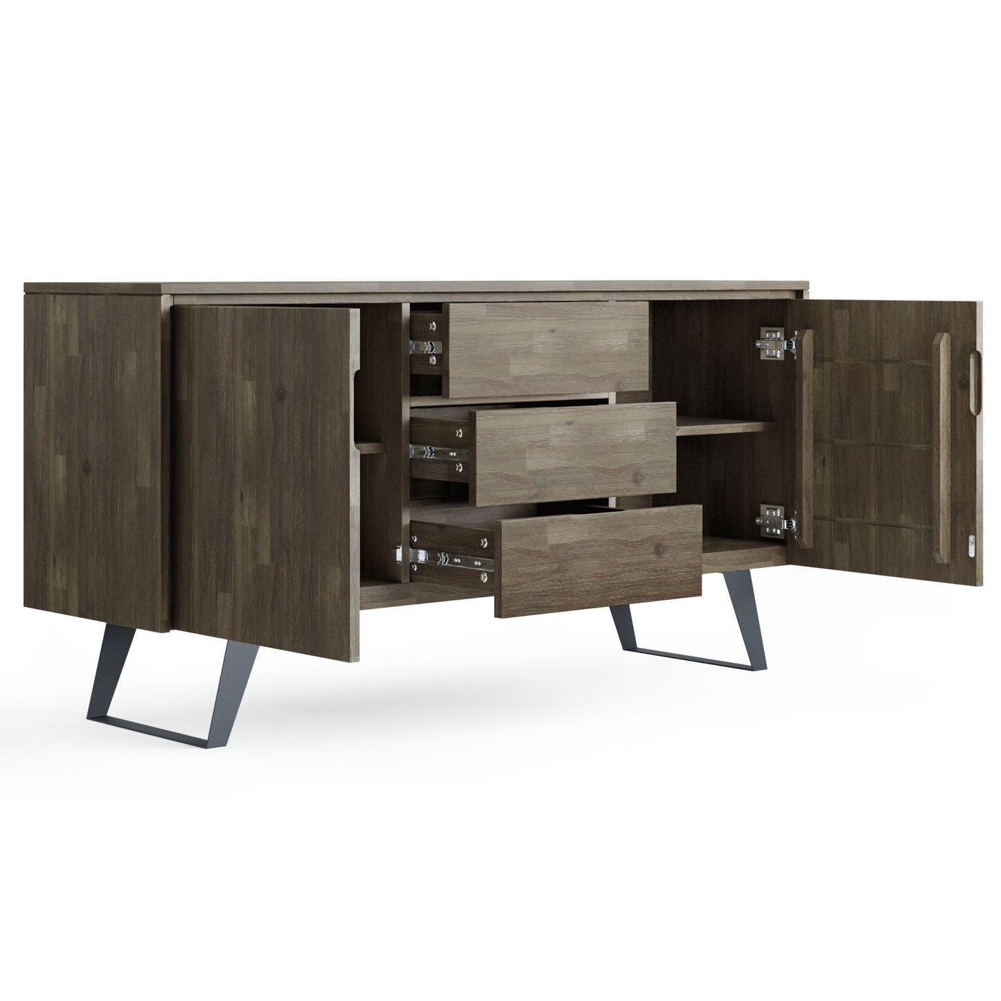 The Lowry - Handcrafted Sideboard Buffet features angled metal legs, two open cabinet doors on each side, and three center drawers partially open to reveal spacious interior shelves for storage.