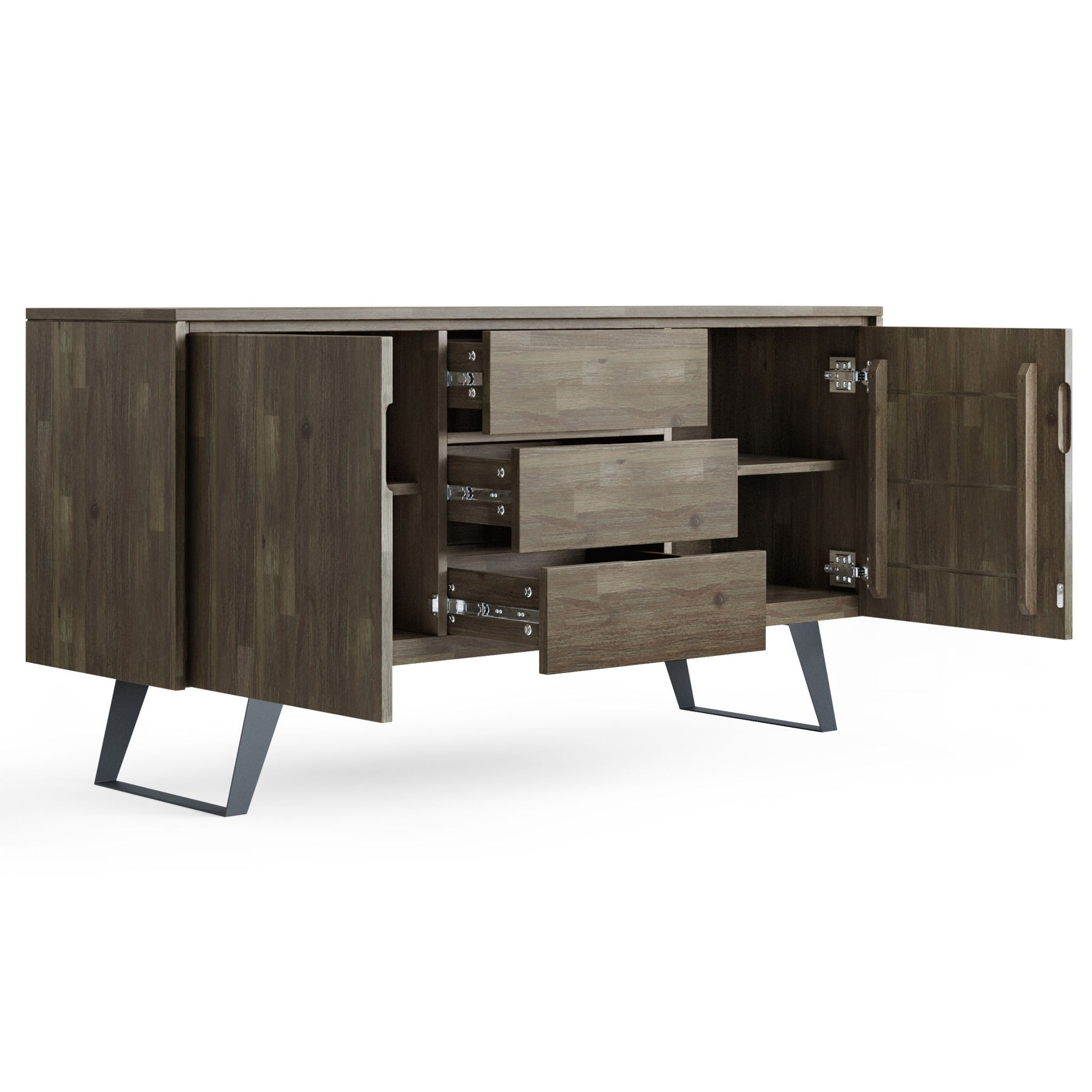The Lowry - Handcrafted Sideboard Buffet features angled metal legs, two open cabinet doors on each side, and three center drawers partially open to reveal spacious interior shelves for storage.