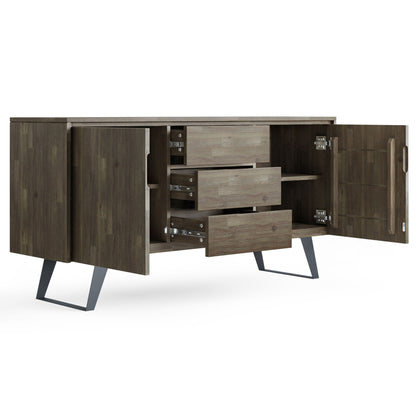 The Lowry - Handcrafted Sideboard Buffet features angled metal legs, two open cabinet doors on each side, and three center drawers partially open to reveal spacious interior shelves for storage.