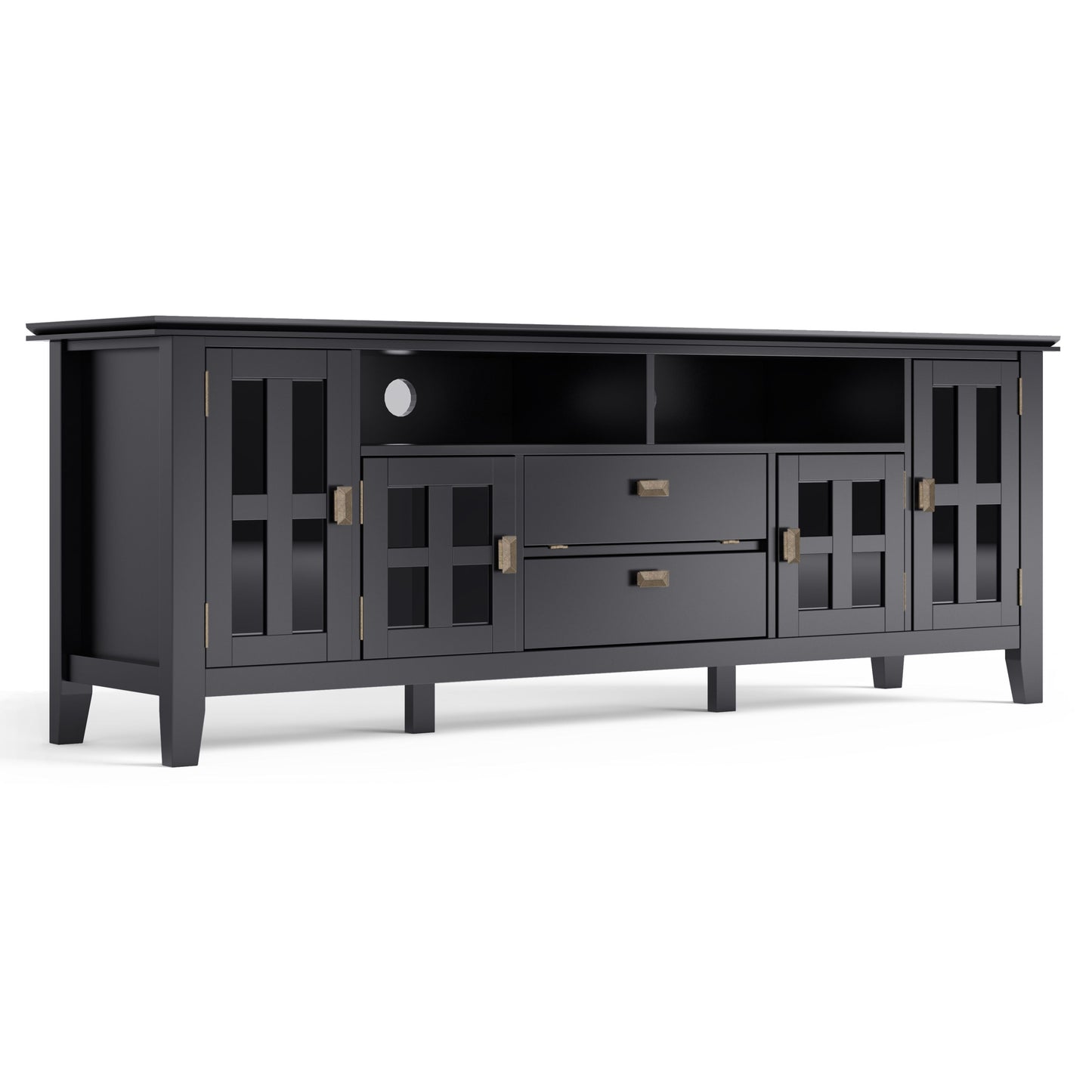 The Artisan TV Media Stand features a modern black finish, two glass-paneled side cabinets, two center drawers, open upper shelves, and brass hardware—perfect for stylish media storage and entertainment setups.