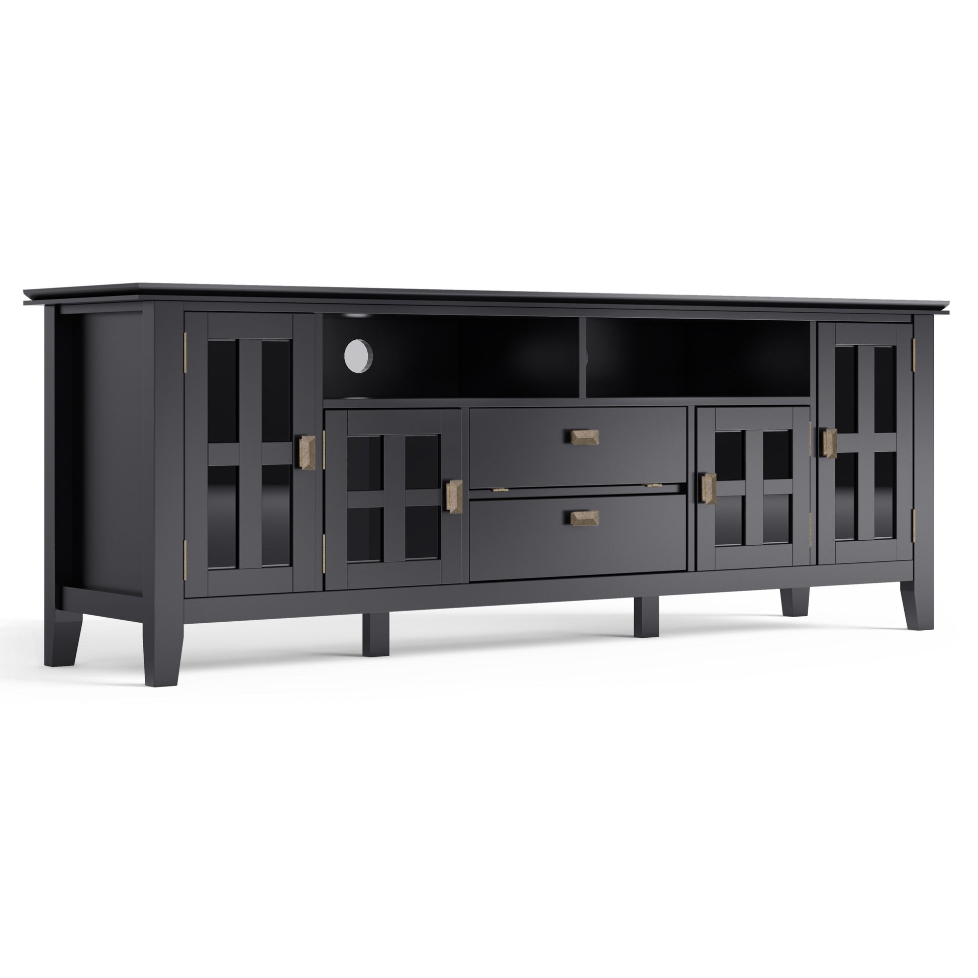 The Artisan TV Media Stand features a modern black finish, two glass-paneled side cabinets, two center drawers, open upper shelves, and brass hardware—perfect for stylish media storage and entertainment setups.