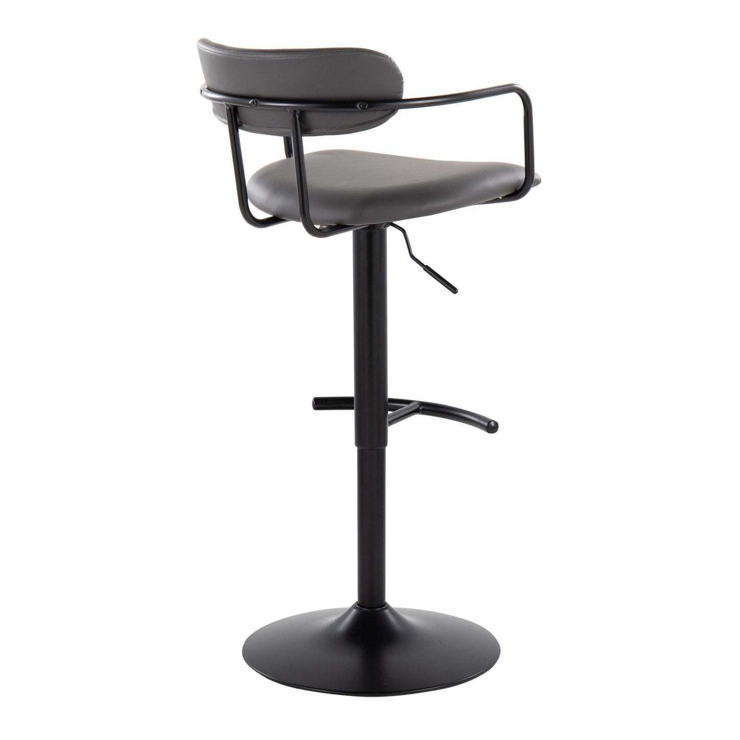 The Demi is a contemporary set of 2 adjustable height barstools with swivel, featuring a black metal base, rounded T footrest, armrests, and cushioned seat and backrest in dark gray material.