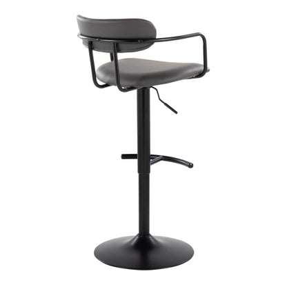 The Demi is a contemporary set of 2 adjustable height barstools with swivel, featuring a black metal base, rounded T footrest, armrests, and cushioned seat and backrest in dark gray material.