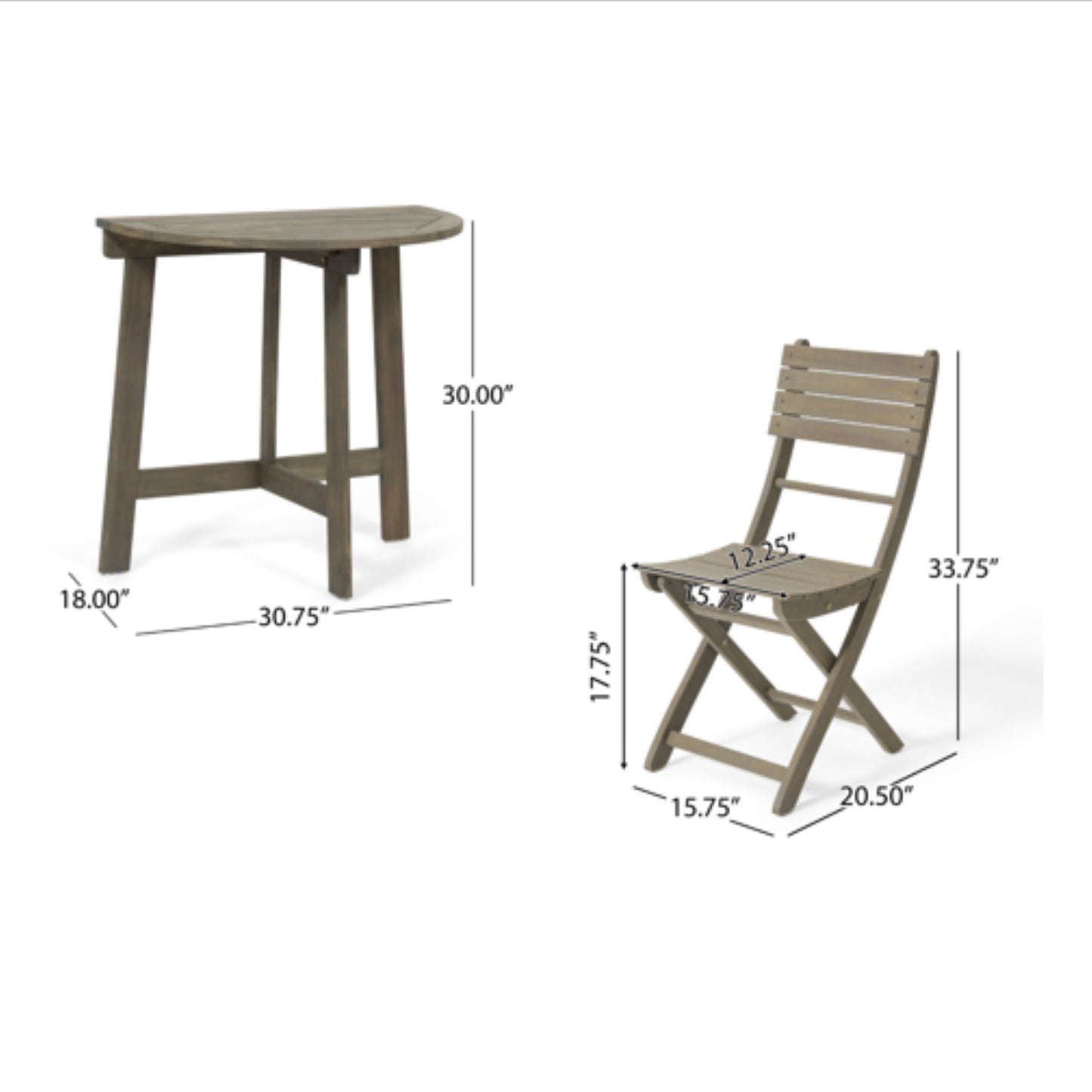 The Outdoor 3 Piece Half Round Folding Bistro Set includes a grayish wood-finished bar table (30.75"W x 18"D x 30"H) and folding chair (17.75"W x 22.25"D x 33.75"H).