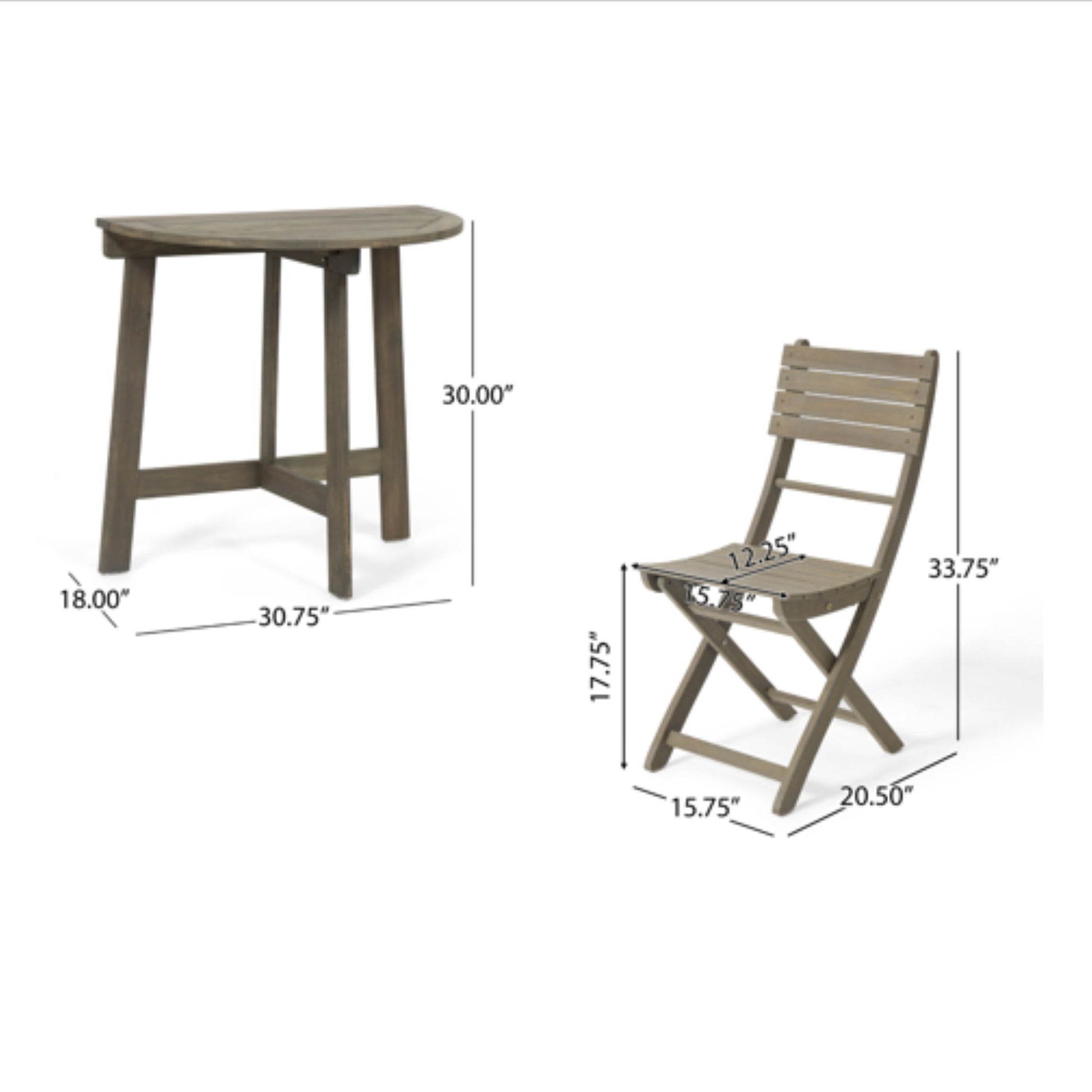 The Outdoor 3 Piece Half Round Folding Bistro Set includes a grayish wood-finished bar table (30.75"W x 18"D x 30"H) and folding chair (17.75"W x 22.25"D x 33.75"H).