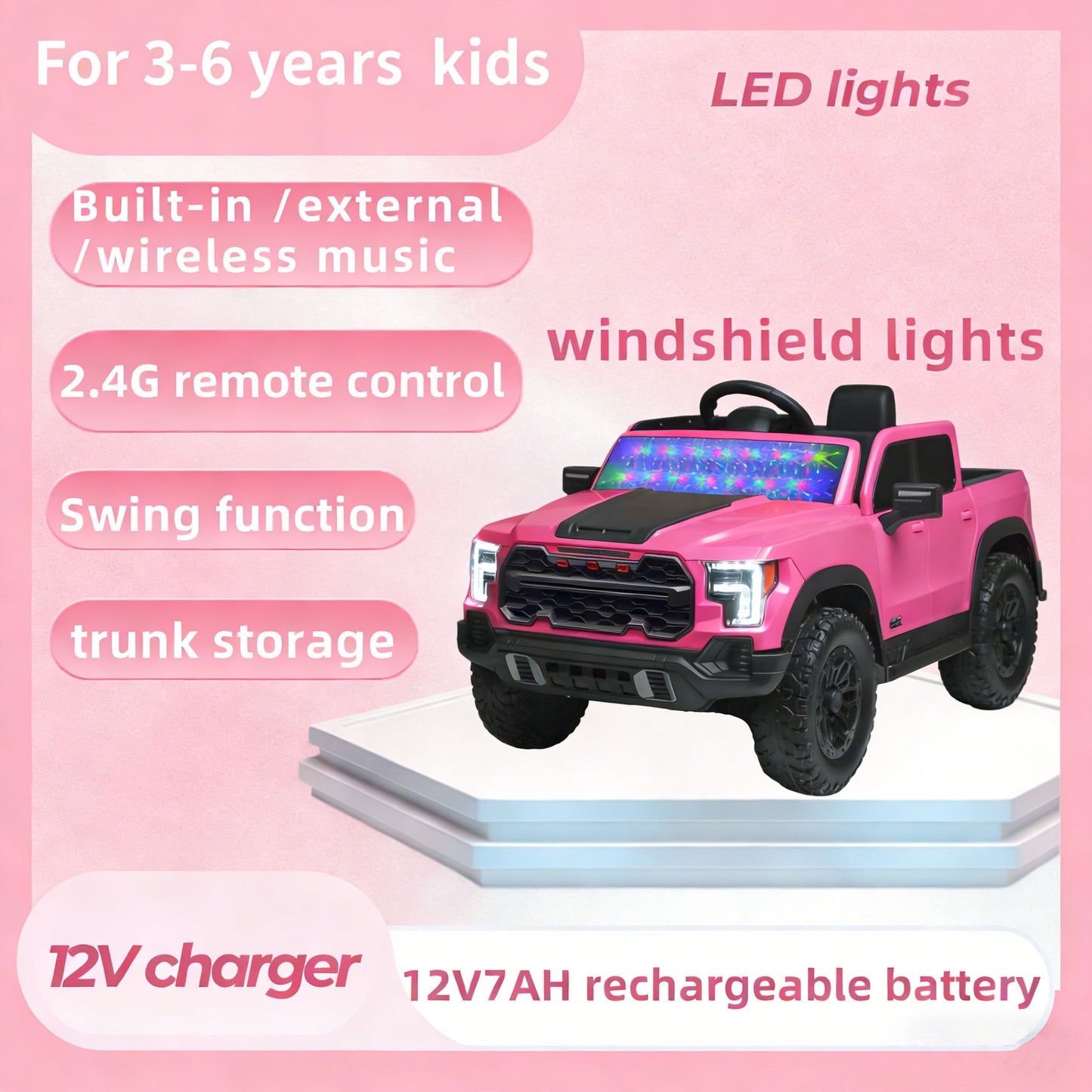12V Kids Ride On Car With Remote Control, 4 Wheel Shock Absorption, Multifunctional Music Player Perfect Gift For Toddlers - Pink